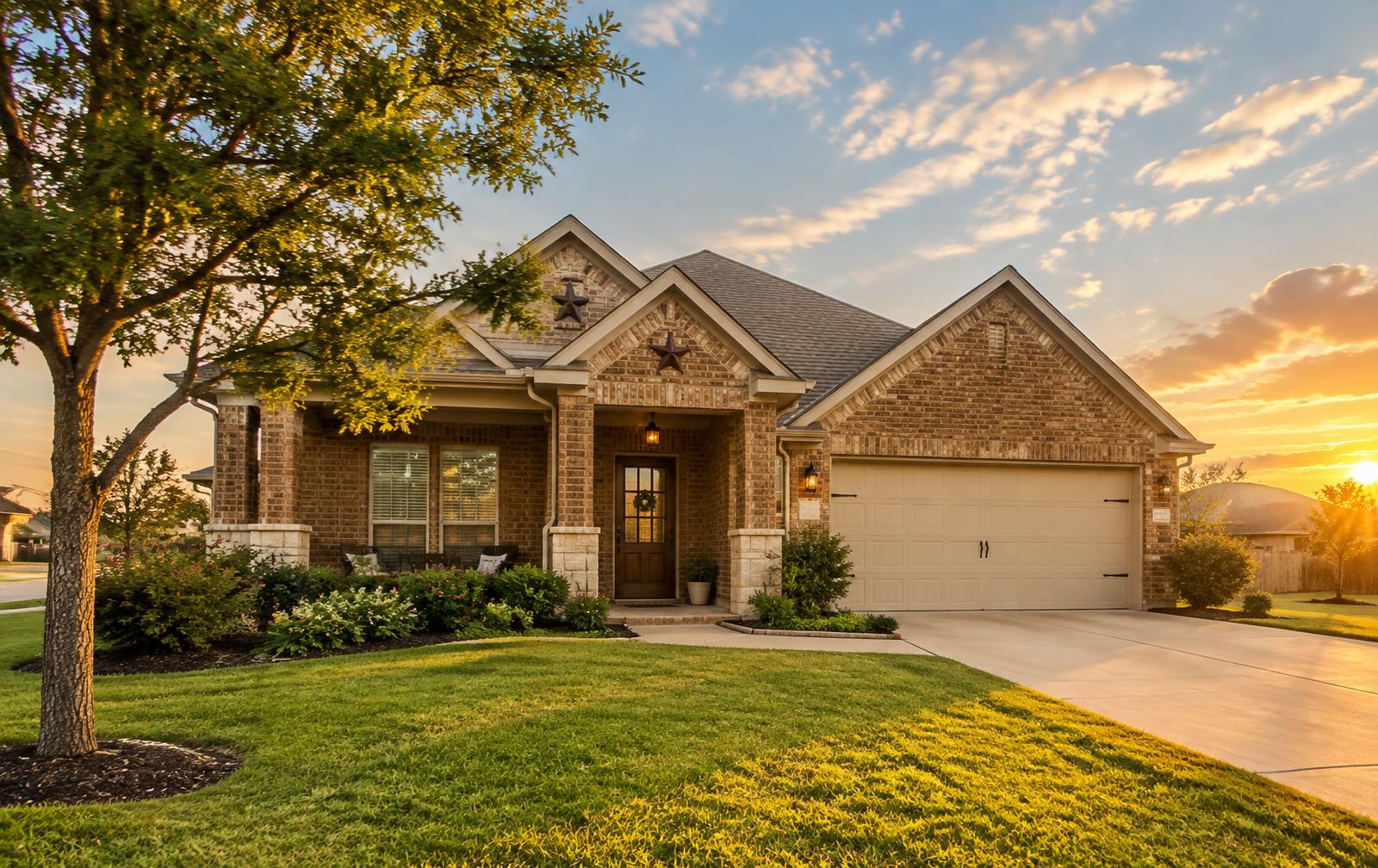 Brick Texas home at sunset